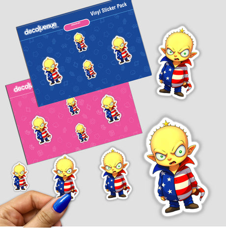 Stickers featuring A Funny Guy With An American Flag Outfit cartoon character in various poses, available as unique vinyl stickers or digital artwork from Decal Venue.