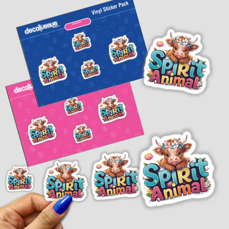 Colorful stickers featuring a highland cow with the text "Spirit Animal" on a product packaging from Decal Venue, an online store that offers unique stickers and digital art created by talented designers.