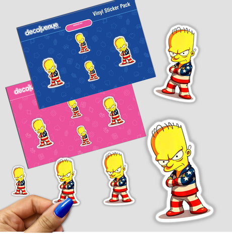 Cartoon stickers featuring A Funny Guy With An American Flag Outfit, showcasing animated characters with crossed arms, available as vinyl stickers or digital artwork from Decal Venue.