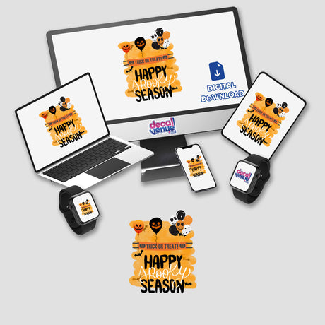 Happy Spooky Season decal featuring a computer monitor, laptop, and smartphone. Available as stickers or digital artwork, perfect for tech-themed Halloween decor from Decal Venue.