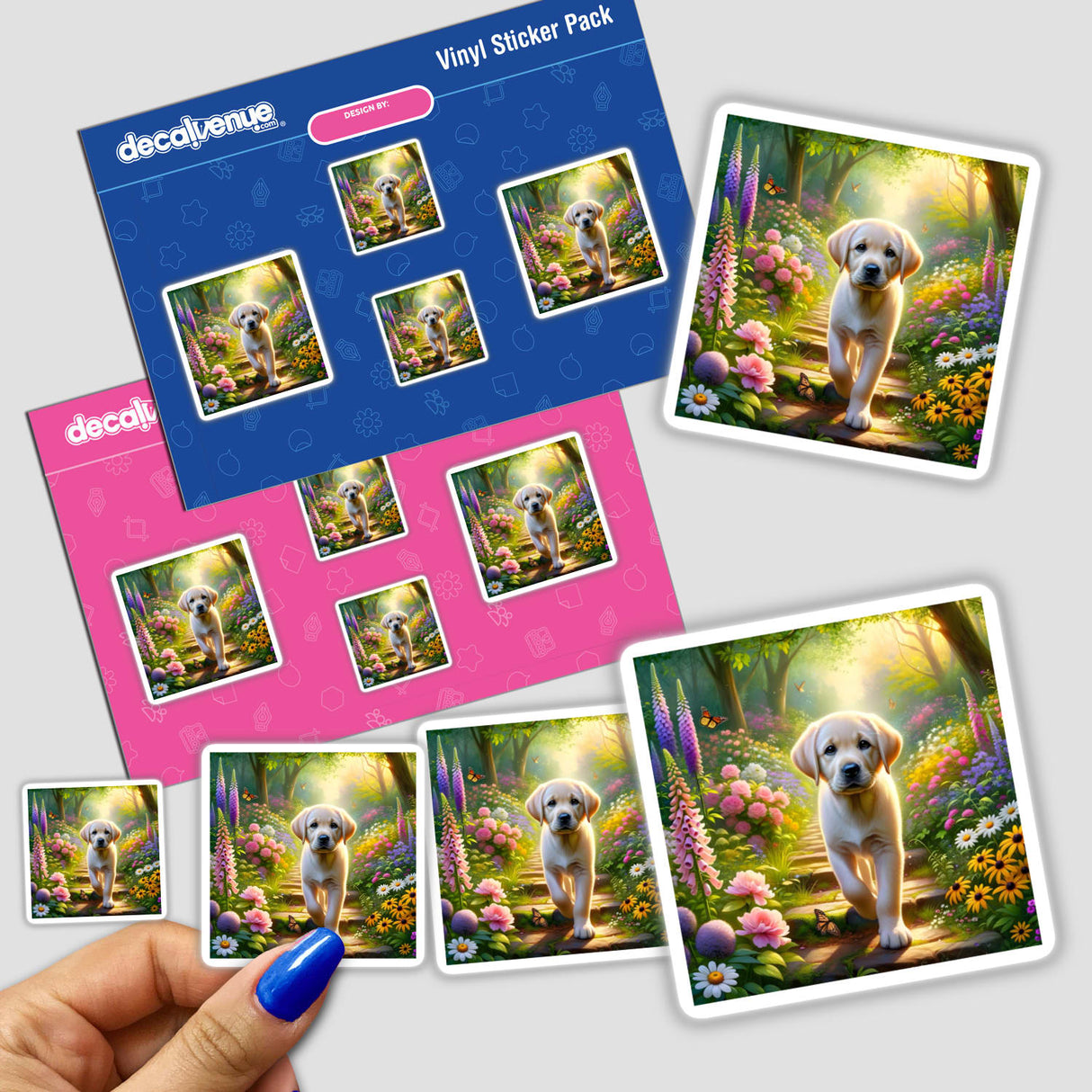 Labrador Retriever in an Enchanted Woodland Path Watercolor Illustration featured on a sticker, depicting a dog walking through a serene garden scene, available at Decal Venue.