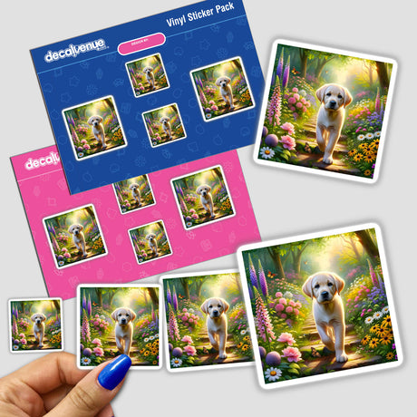 Labrador Retriever in an Enchanted Woodland Path Watercolor Illustration featured on a sticker, depicting a dog walking through a serene garden scene, available at Decal Venue.