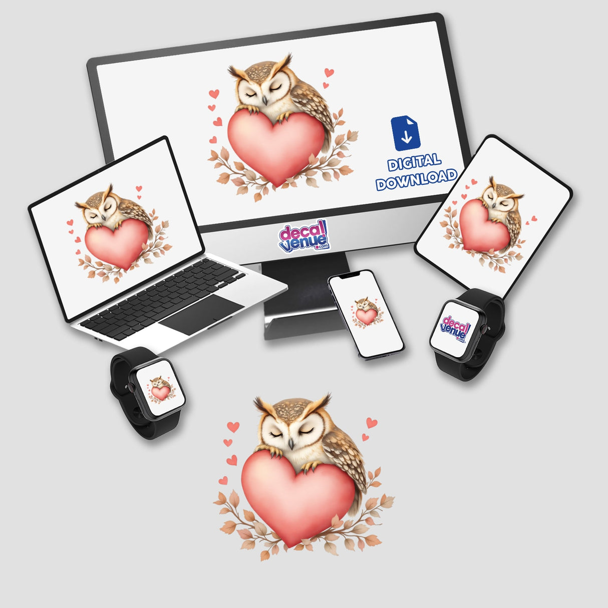 Sleeping Owl on a Heart design displayed on various devices, featuring a peaceful owl resting on a heart, available as vinyl stickers and digital artwork from Decal Venue.