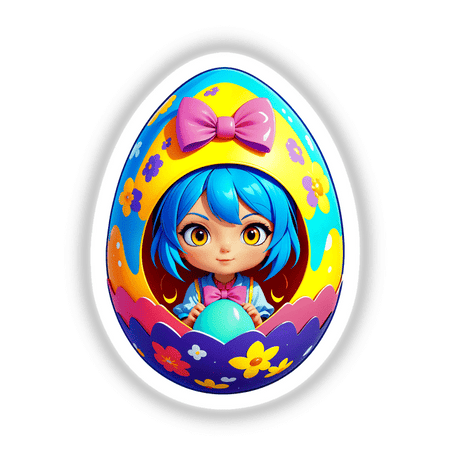 a cartoon girl with blue hair and a bow holding an egg