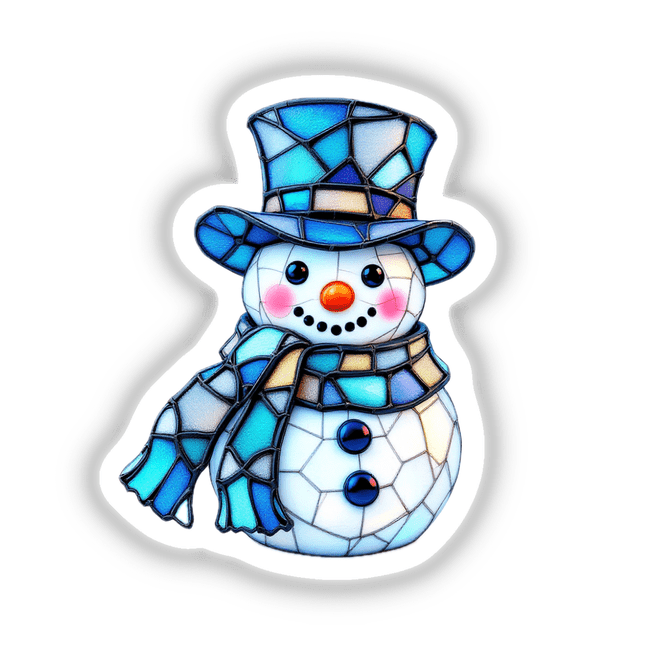Snowman Stained Glass Style: A whimsical snowman adorned with a hat and scarf, designed in a stained glass style, available as stickers or digital artwork from Decal Venue.