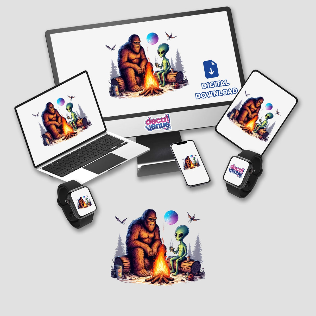 Sasquatch and Alien Around Camp Fire Camping: Cartoon-style image of Bigfoot and an alien sitting on a log, available as stickers or digital artwork from Decal Venue.