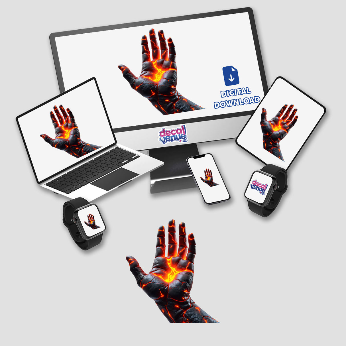 Molten Lava Human Hand sticker or digital artwork depicting a hand seemingly made of molten lava, shown on a computer monitor and laptop screen, exemplifying Decal Venue's unique sticker and digital art offerings.