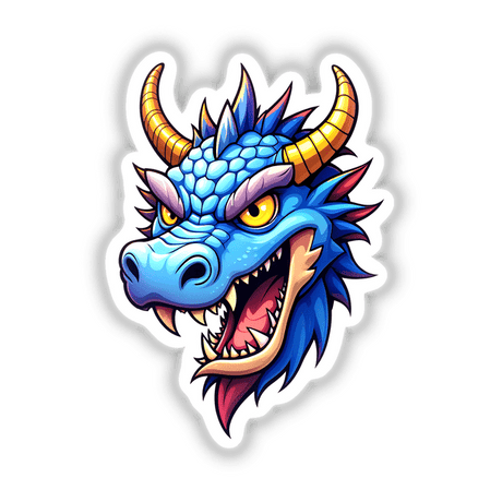 A Cool Fantasy Dragon cartoon illustration, featuring a dragon head with yellow horns, available as unique vinyl stickers or digital artwork from Decal Venue.