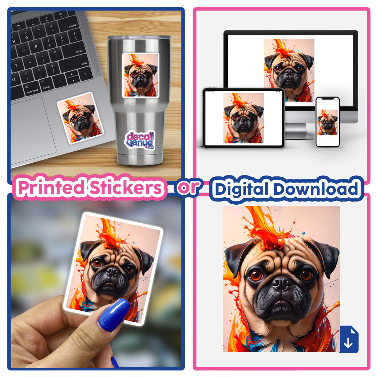 A Cute Pug - Animal Portrait featuring a pug with dynamic orange and blue paint splashes, available as stickers or digital artwork, showcasing unique vinyl decals and digital art from Decal Venue.