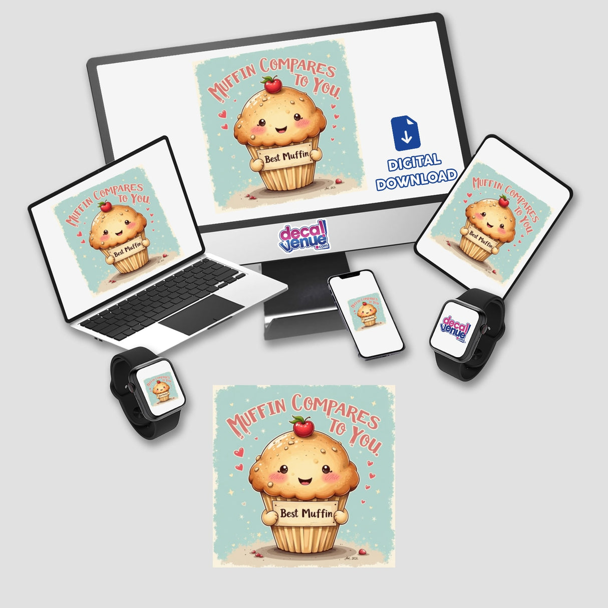 Muffin Compares to You - Kawaii Design featuring a cartoon cupcake holding a sign, displayed on devices. Available as stickers or digital artwork for muffin lovers and food fans.