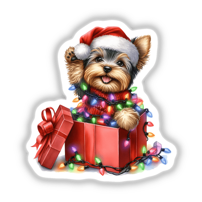 Christmas Lights Santa Yorkie Dog in Gift Box V: A Yorkie wearing a Santa hat, adorned with Christmas lights, sits in a gift box, offered as stickers or digital artwork.