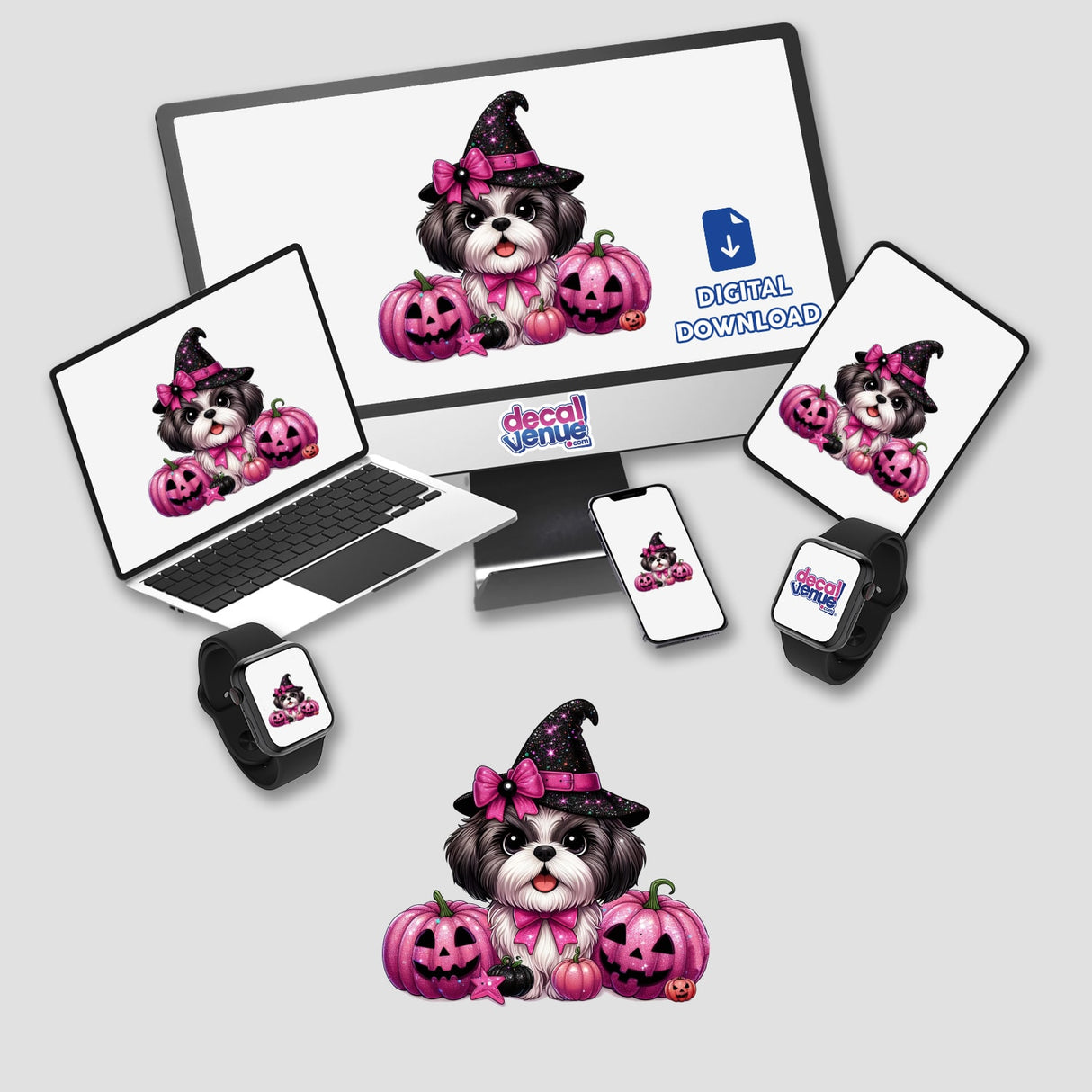 Shih Tzu Dog w Pink Glitter Halloween Pumpkins displayed on various devices including a computer monitor, laptop, tablet, and smartwatch. Available as stickers or digital artwork.