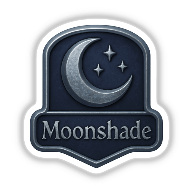 Moonshade – RPG-Style Skill Badge features a detailed silver and indigo night emblem, available as stickers or digital artwork, showcasing intricate design elements typical of Decal Venue's unique offerings.