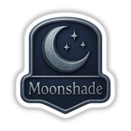 Moonshade – RPG-Style Skill Badge features a detailed silver and indigo night emblem, available as stickers or digital artwork, showcasing intricate design elements typical of Decal Venue's unique offerings.