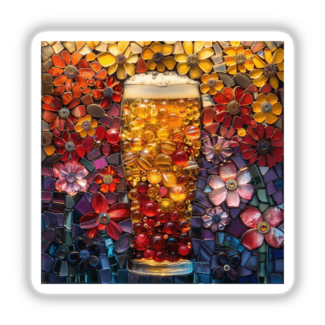 Beer Mosaic Jewels: A glass of beer adorned with colorful flowers, featuring intricate artwork available as stickers or digital artwork.