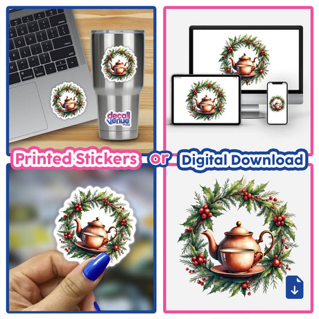 Teapot with Tea Cup in a Christmas Wreath sticker; features a detailed teapot and cup surrounded by holly, perfect for laptops or as digital artwork.