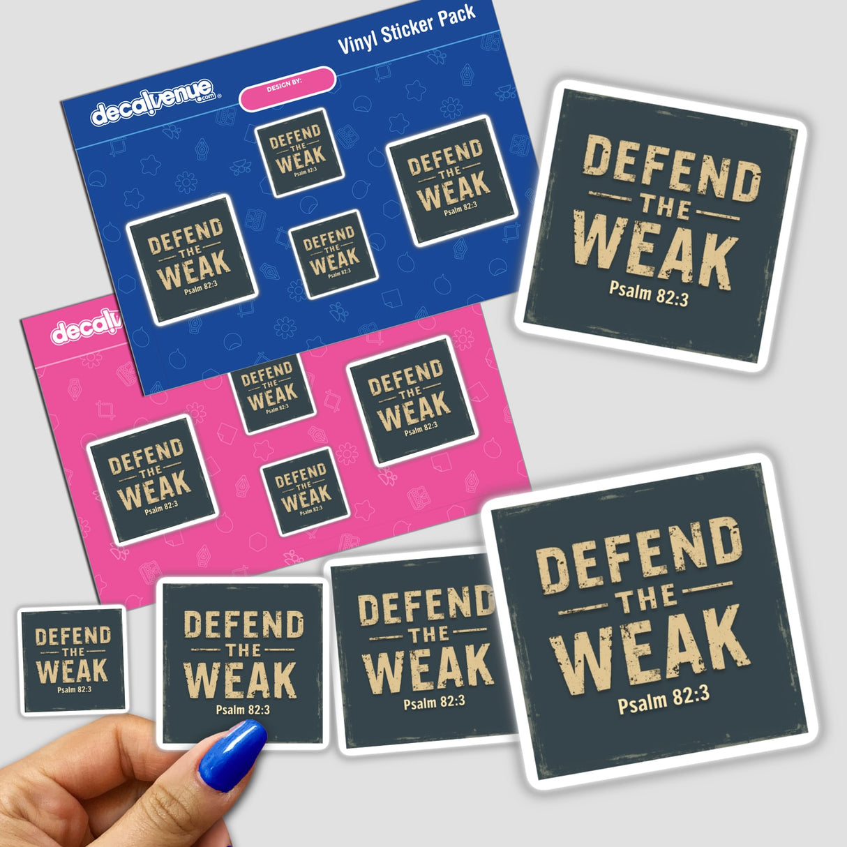 Hand holding 'Defend the Weak - Psalm 82:3' Christian sticker pack, showcasing various designs available as stickers or digital artwork with commercial rights. Perfect for unique collections.