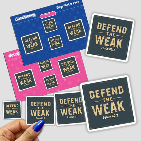 Hand holding 'Defend the Weak - Psalm 82:3' Christian sticker pack, showcasing various designs available as stickers or digital artwork with commercial rights. Perfect for unique collections.