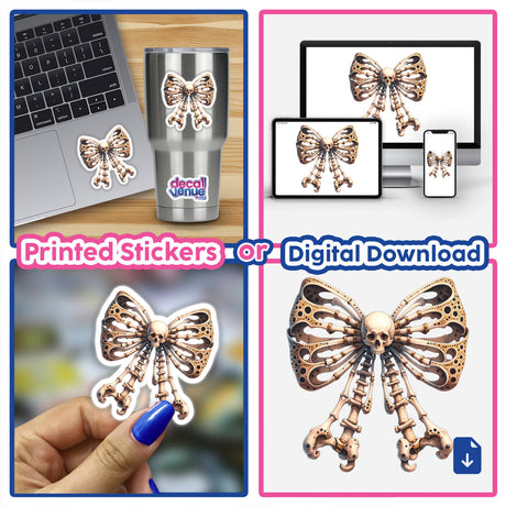 Skeleton Bones Coquette Bow digital artwork collage featuring a skull with a bow, perfect for unique stickers or digital downloads from DecalVenue.