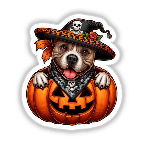 Pitbull Pirate Dog in a Pumpkin: A dog wearing a pirate hat and bandana, with a pumpkin-themed background, available as stickers or digital artwork from Decal Venue.