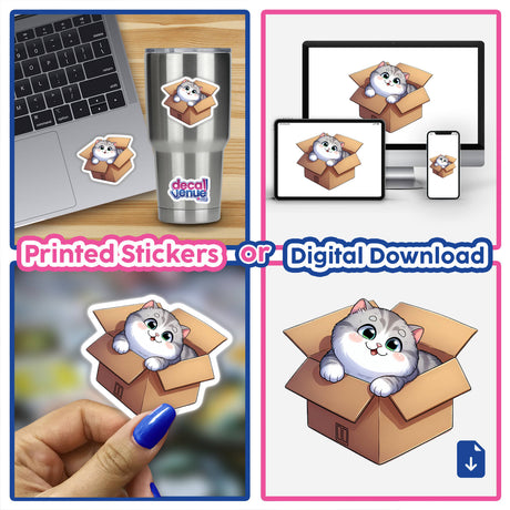 Cat in a box sticker collage featuring various cartoon depictions, suitable for laptops or as digital artwork. Part of Decal Venue's unique collection of stickers and digital art.