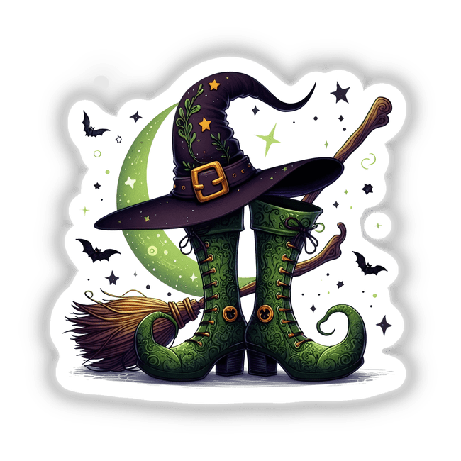 Green Witch Boots Broom Stick and Hat