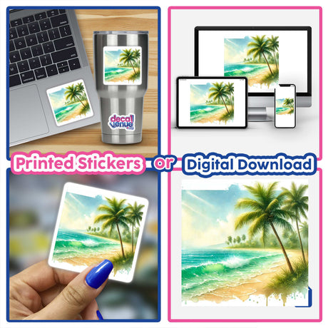 Tropical Paradise - Watercolor Palms and Ocean Waves collage featuring beach scenes, palm trees, and digital artwork, available as stickers or digital prints.