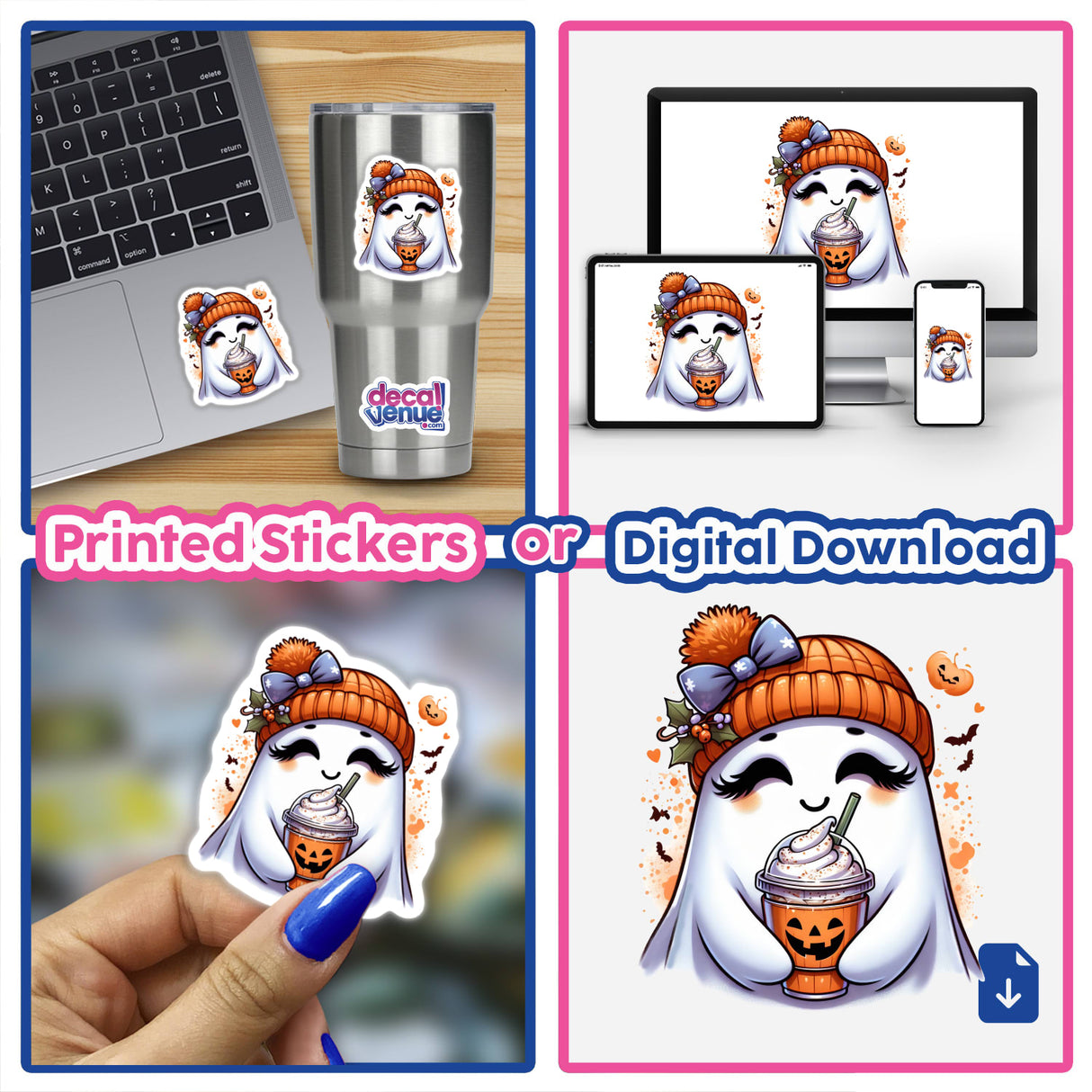Pumpkin Spice and Everything Nice Cute Ghost: A collage showcasing a cartoon ghost holding a drink, available as stickers or digital artwork, including on laptops and cups.