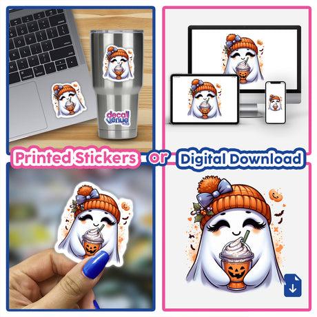 Pumpkin Spice and Everything Nice Cute Ghost: A collage showcasing a cartoon ghost holding a drink, available as stickers or digital artwork, including on laptops and cups.