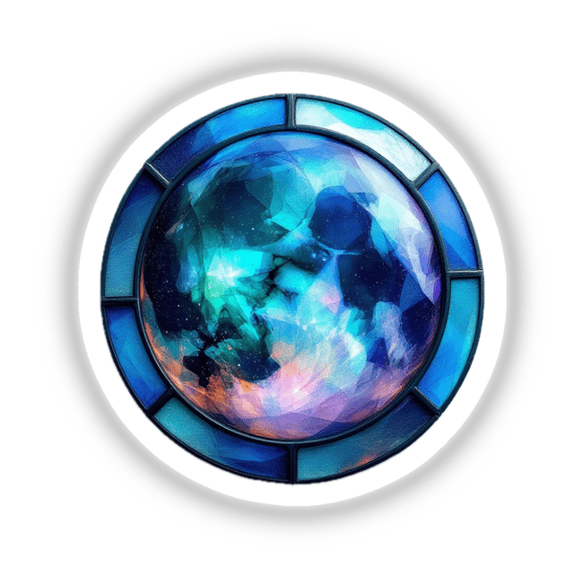 Moon Stained Glass Style sticker or digital artwork, featuring a circular design with intricate blue and purple patterns, embodying the artistic essence of Decal Venue's unique collection.