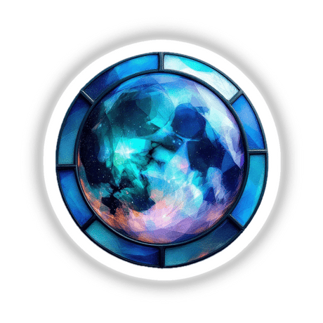 Moon Stained Glass Style sticker or digital artwork, featuring a circular design with intricate blue and purple patterns, embodying the artistic essence of Decal Venue's unique collection.