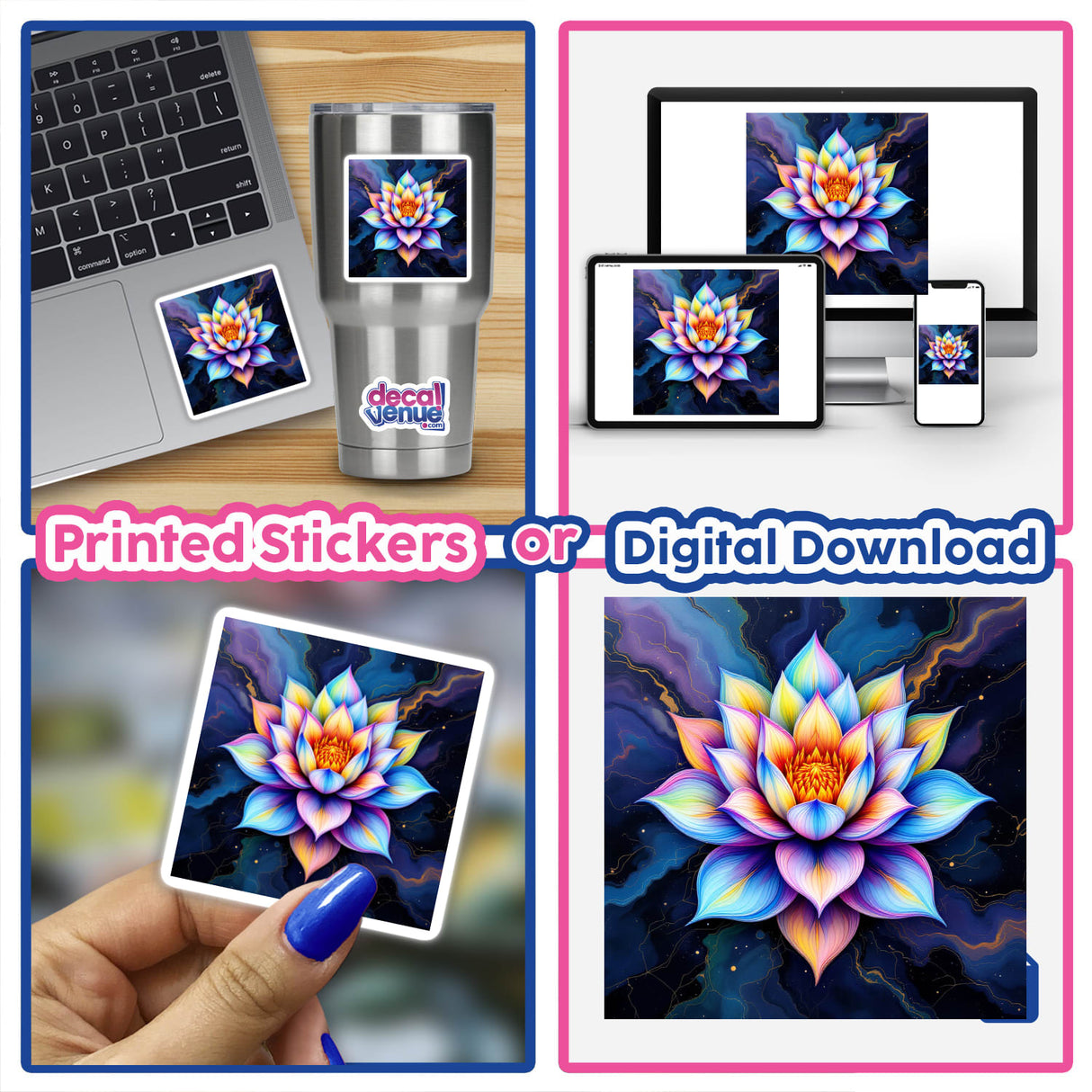 Lotus Flower Alcohol Ink Design featuring a laptop adorned with a vibrant flower motif. This image is part of Decal Venue's unique collection of stickers and digital artwork.