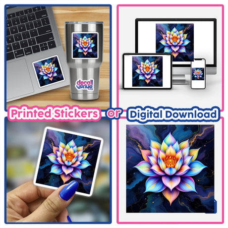 Lotus Flower Alcohol Ink Design featuring a laptop adorned with a vibrant flower motif. This image is part of Decal Venue's unique collection of stickers and digital artwork.