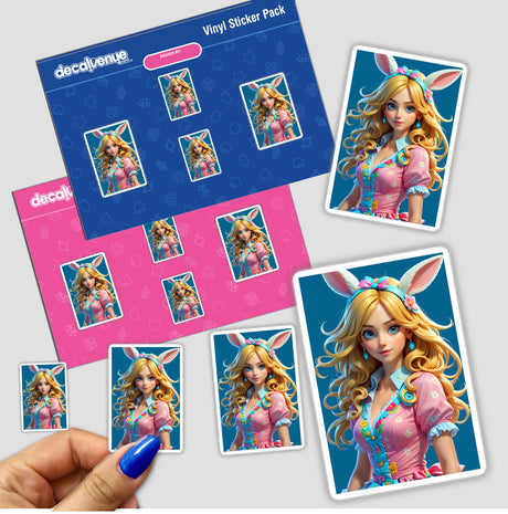 Hand displaying A Cute Easter Bunny Girl sticker set, featuring cartoon girls with long blonde hair and bunny ears, available as stickers or digital artwork from Decal Venue.