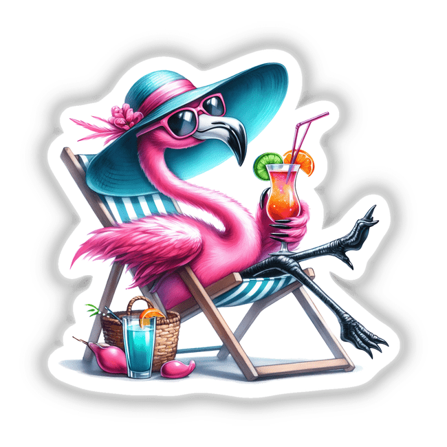 Stylish flamingo in beach attire enjoying a tropical cocktail