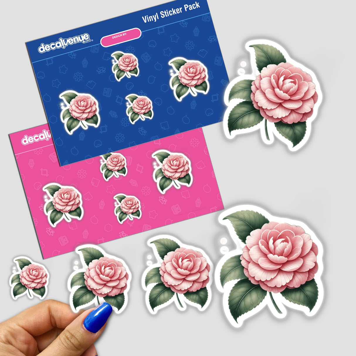 Exquisite Camellia Botanical Clipart - Alabama State Flower, featuring intricate pink flowers with green leaves. Available as stickers or digital artwork for commercial use.