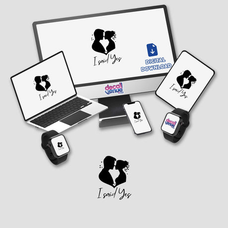I said Yes couple Profile sticker or digital artwork featuring a cartoon of a couple kissing, visible on devices like a computer monitor and smart watch.