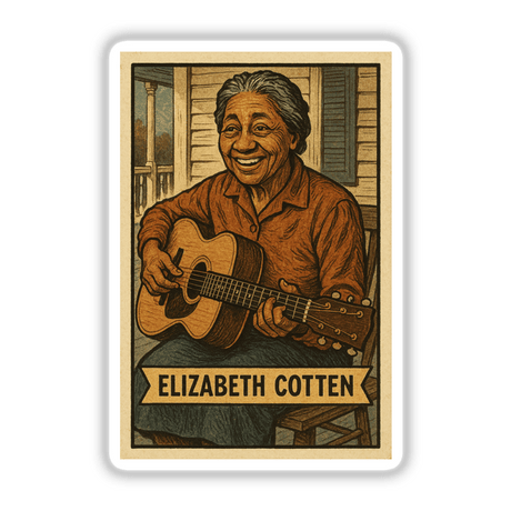 Elizabeth Cotten Vintage Trading Card Sticker & Wall Art features her smiling with a left-handed guitar, ideal for music enthusiasts. Available as a 16x24” digital download or printable stickers up to 6”.