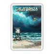 California-themed poster depicting a serene beach scene with a bird soaring above and a wooden structure in the foreground, available as vinyl stickers or digital artwork from Decal Venue.