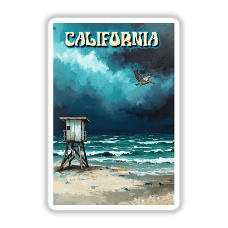 California-themed poster depicting a serene beach scene with a bird soaring above and a wooden structure in the foreground, available as vinyl stickers or digital artwork from Decal Venue.