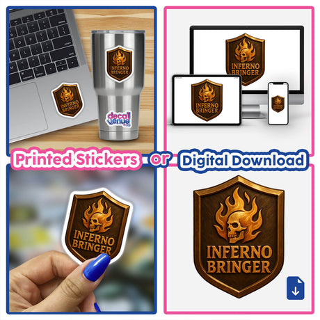 Inferno Bringer – RPG-Style Skill Badge featuring a gold and bronze flame crest, available as a sticker or digital artwork. A unique design from Decal Venue's exclusive collection.