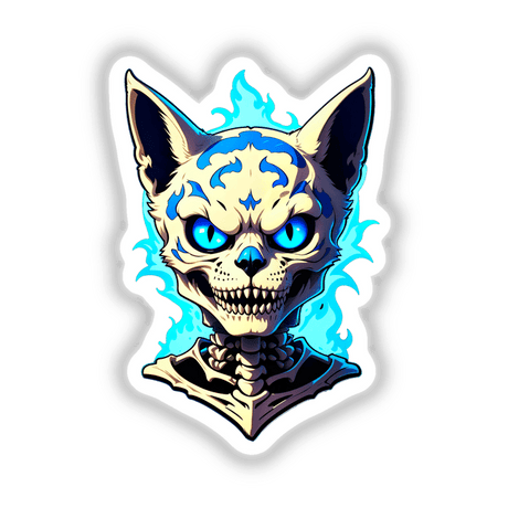 Cartoon artwork titled A Cool Undead Cat Skeleton featuring a stylized cat with a visible skeleton and blue eyes, available as stickers or digital artwork from Decal Venue.
