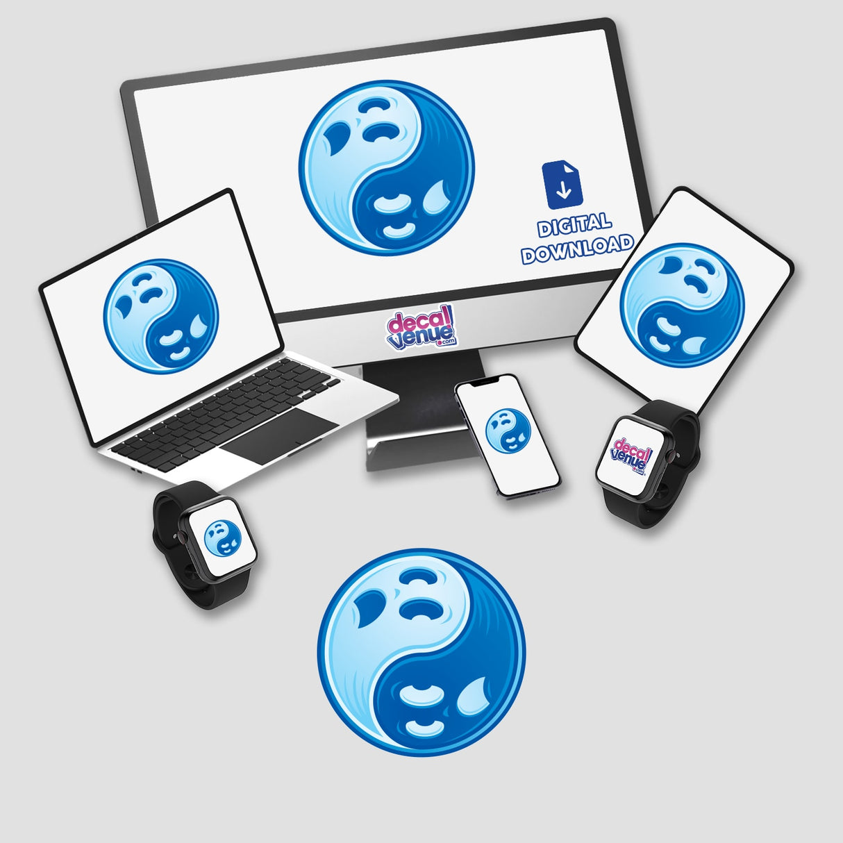 Ghost Yin Yang Blue sticker displayed on various digital devices, including a laptop, smartphone, and smartwatch, each showcasing a blue and white yin yang symbol. Available individually or in a sticker pack.