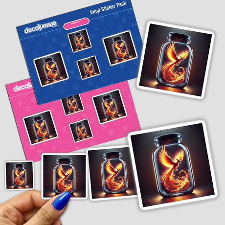 Phoenix in a Jar - Flaming Bird Encased in Glass: A hand holding a sticker pack featuring a vibrant, mythical phoenix encased in a detailed glass jar, perfect for fantasy-themed decor.