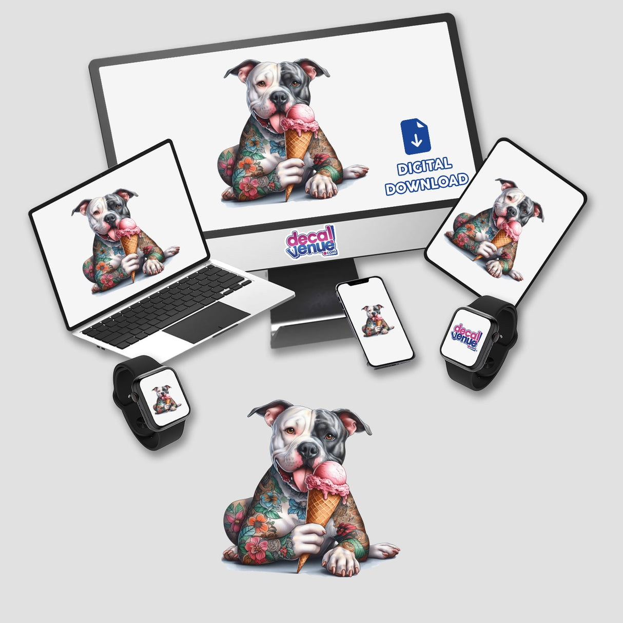 Tattooed Pitbull Dog with Ice Cream Cone - Digital artwork available as stickers or digital download