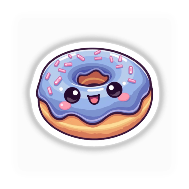 Kawaii Blueberry Donut Sticker featuring a charming cartoon donut character, perfect as a sticker or digital artwork. Ideal for fans of unique, adorable food-themed art from Decal Venue.