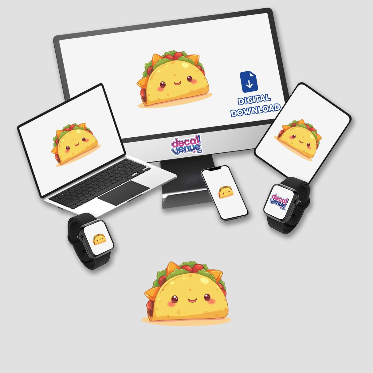 Kawaii Taco Sticker featuring a cute taco cartoon with eyes and mouth on computer and device screens, perfect for National Taco Day. Available as a decal or food clipart with commercial rights.