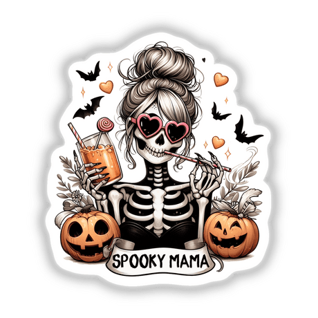 Spooky Skeleton Zombie Mama illustration featuring a skeleton with sunglasses sipping a drink, surrounded by a cartoon pumpkin, available as stickers or digital artwork.