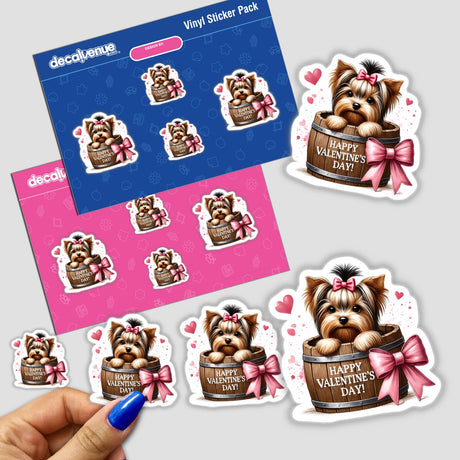 Yorkie Dog in Valentine's Day Barrel sticker featuring a Yorkshire Terrier peeking from a barrel adorned with hearts, capturing love and companionship. Perfect for laptops or home decor.