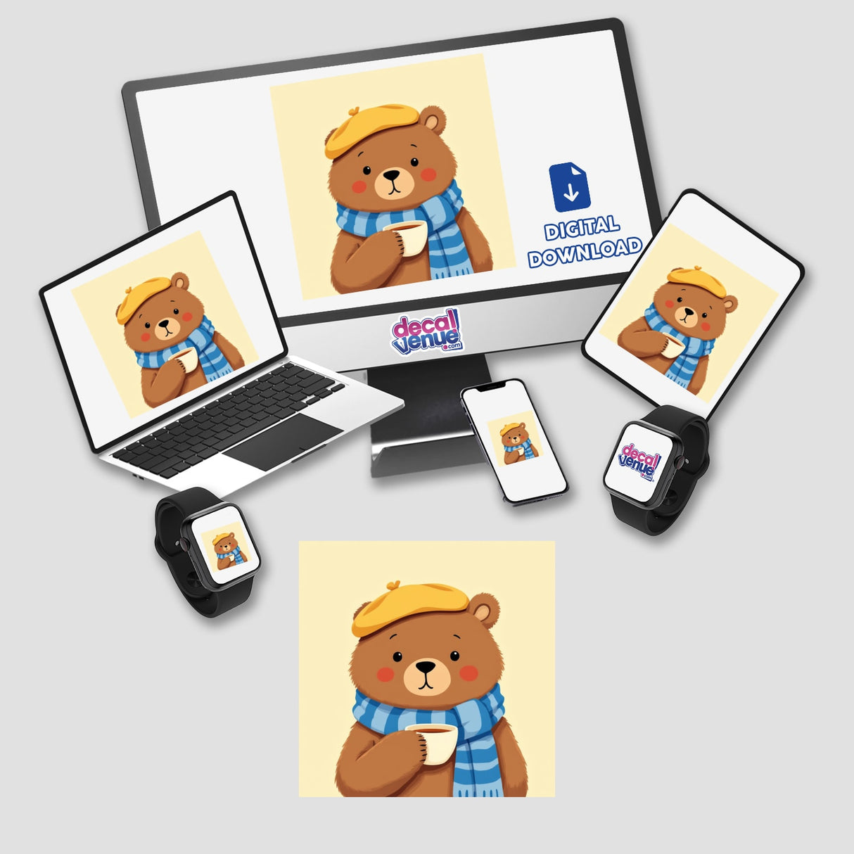 Charming Bear with Tea and Beret displayed on a computer monitor and laptop screen, showcasing its availability as stickers or digital artwork at Decal Venue.